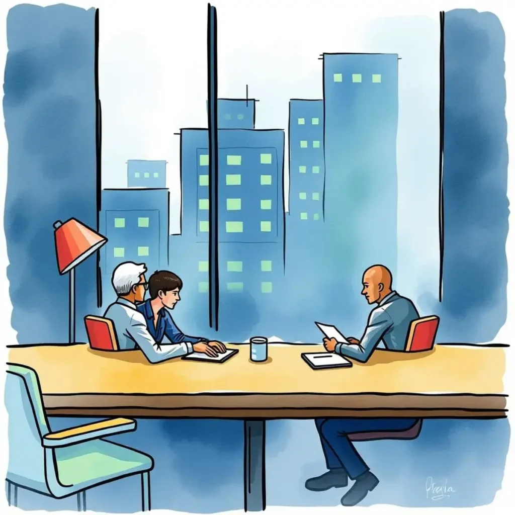 Professionals discussing contract negotiations in a modern office setting.