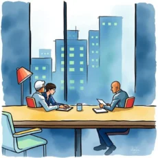 Professionals discussing contract negotiations in a modern office setting.