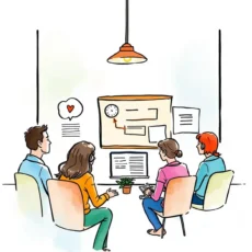 Employees collaborating in a meeting to analyze feedback insights on a digital tool.