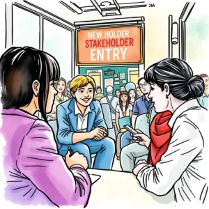Corporate strategy team discussing stakeholder feedback analysis in a meeting.