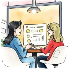 Two professionals discussing onboarding feedback trends with visual data.