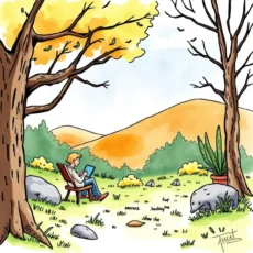 A person sitting on a chair outdoors, engaged with a digital device among trees and hills.