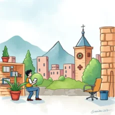 A person reading feedback notes in front of a scenic background of mountains and buildings.