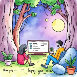 Two individuals analyze feedback categories while relaxing outdoors.