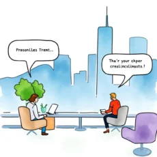 Colleagues discussing shareholder engagement near a city skyline.