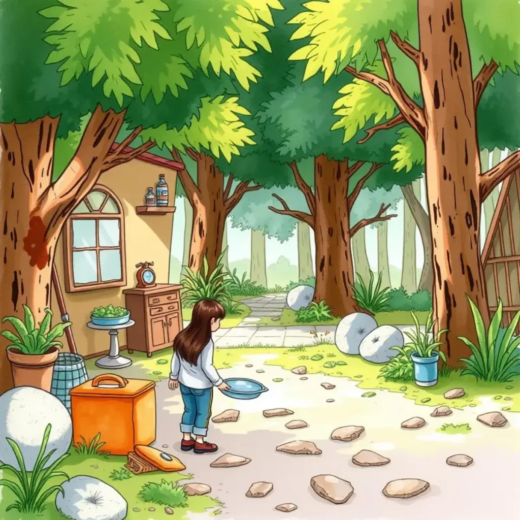 Feedback clarity enhancer: Refine complex feedback into clear statements 1 A child observing a serene forest path with trees and rocks.