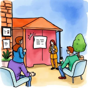 A person presenting feedback clarity strategies to stakeholders in a vibrant meeting space.