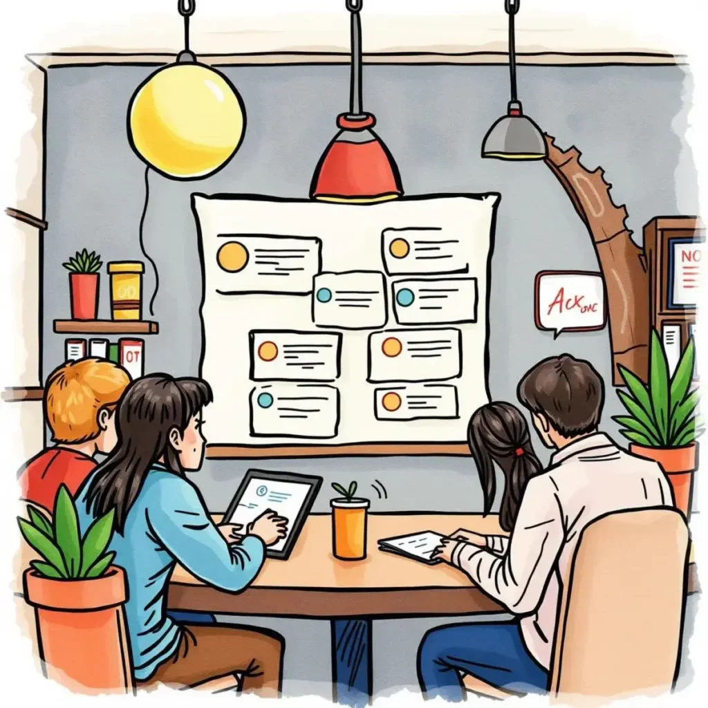 Feedback clustering: Group similar feedback for better insights 1 Team analyzing feedback clusters on a wall in a conference room.