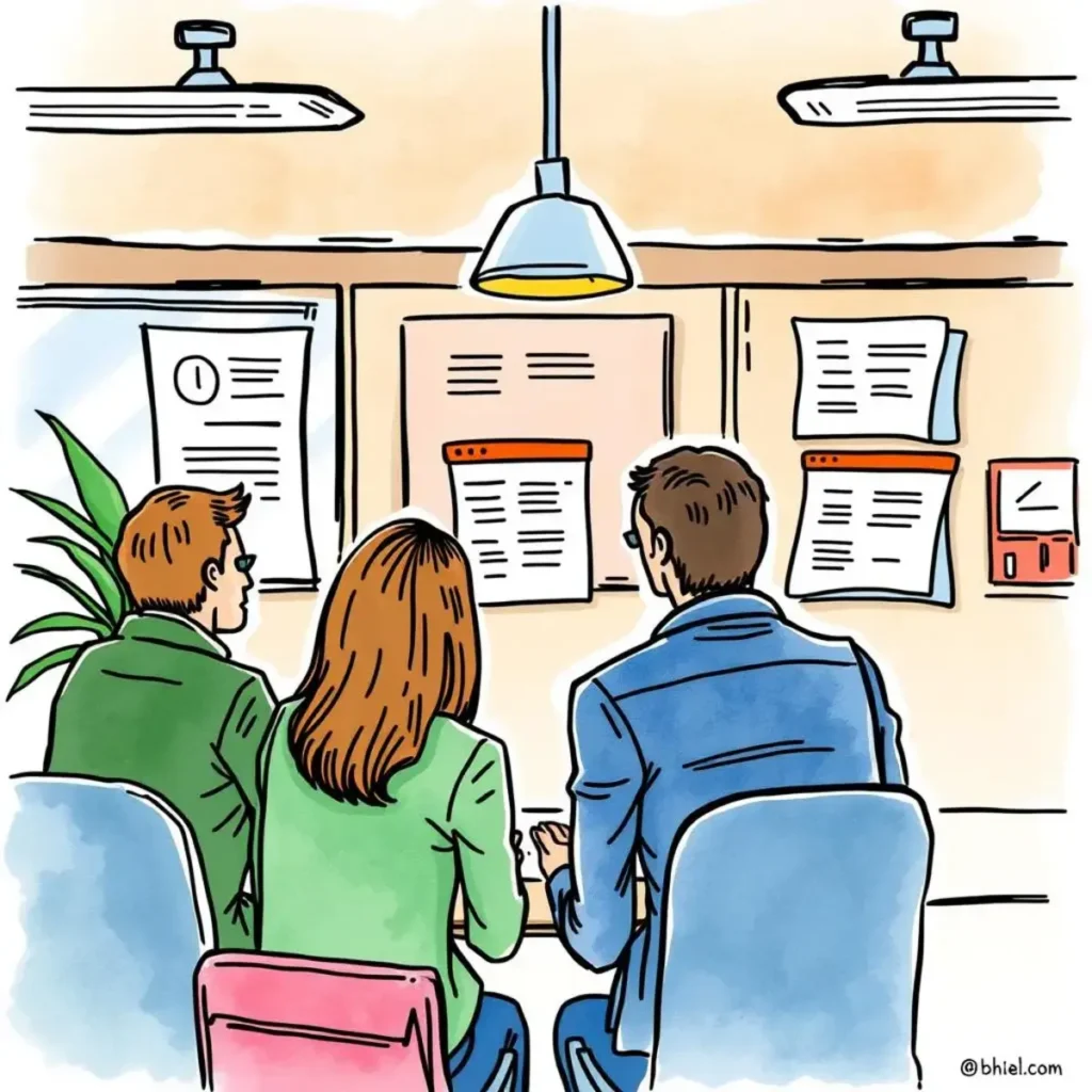 Feedback collection formulator: Create feedback forms for onboarding effectiveness 1 Three professionals collaboratively review documents on a wall, symbolizing onboarding discussions.