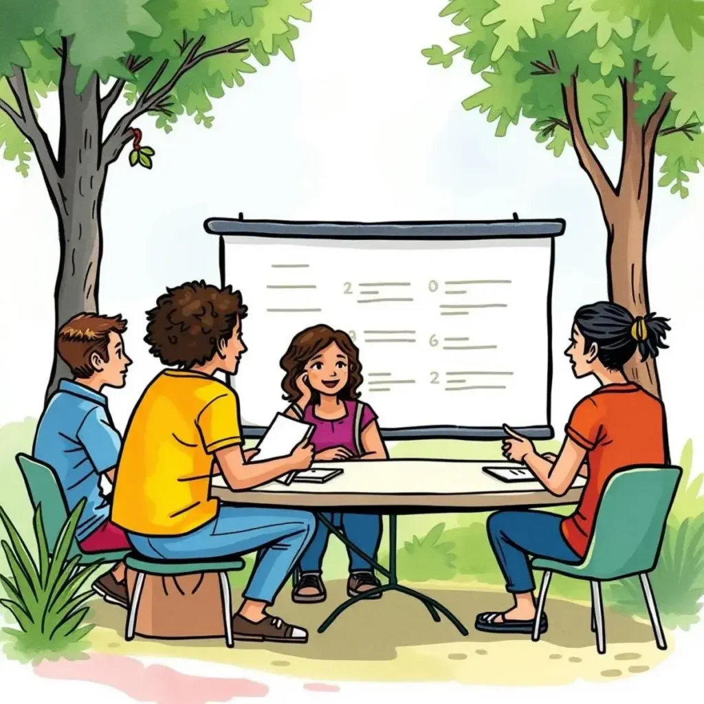 Group discussion around a survey presentation in a natural setting.