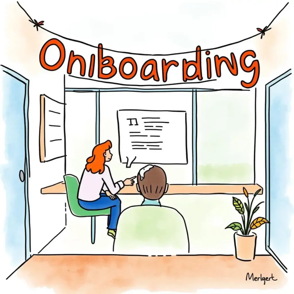 Feedback collector: Gather insights on onboarding experiences 1 Illustration of an onboarding session with a recruiter and candidate discussing feedback.