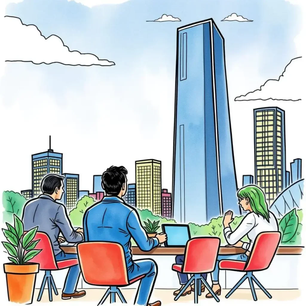 Team discussing financial feedback strategies with a city skyline backdrop.