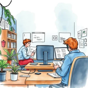 Two colleagues discussing feedback reports in a modern office setting.
