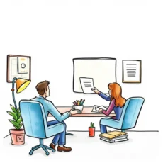 Professionals discussing feedback form templates in an office setting.