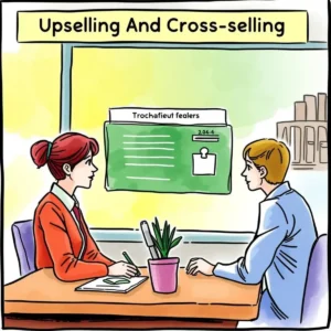 Upselling and cross-selling discussion with a digital tool display in a vibrant office setting.