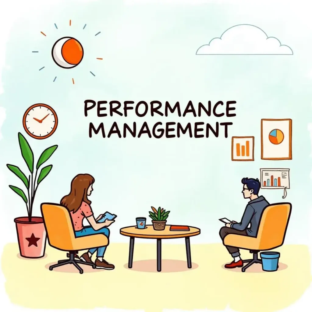 Feedback insight generator: Generate insights to enhance performance discussions 1 Illustration of a performance management discussion between two professionals.