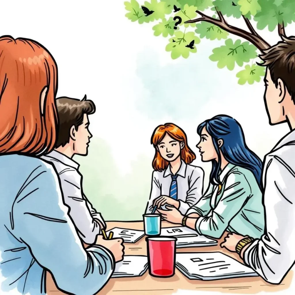Feedback loop facilitator: Generate follow-up questions based on feedback 1 Group discussing feedback and follow-up questions outdoors in a meeting.