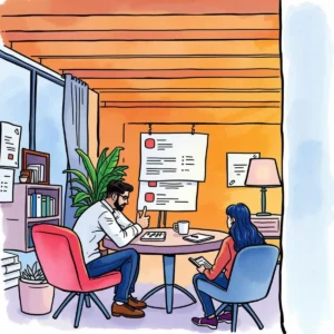 Two colleagues discussing feedback themes in a modern office setting.