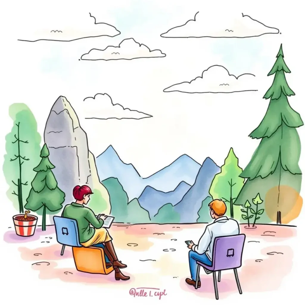 Investor Relations professionals analyzing feedback in a serene outdoor setting with mountains in the background