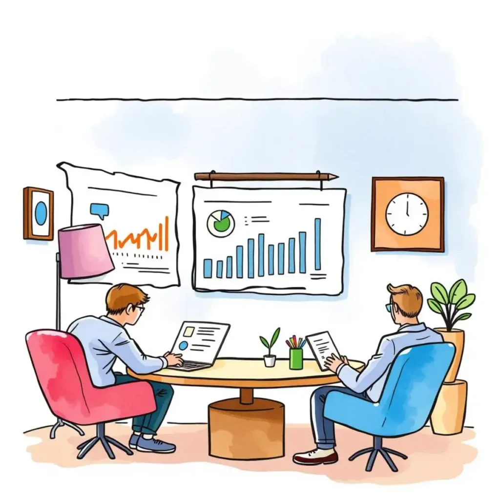 Investor sentiment interpreter: Analyze and summarize investor feedback trends 1 Two analysts discuss investor sentiment data in a modern office setting.