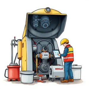 Technician using tablet to generate feedback on overhaul equipment.