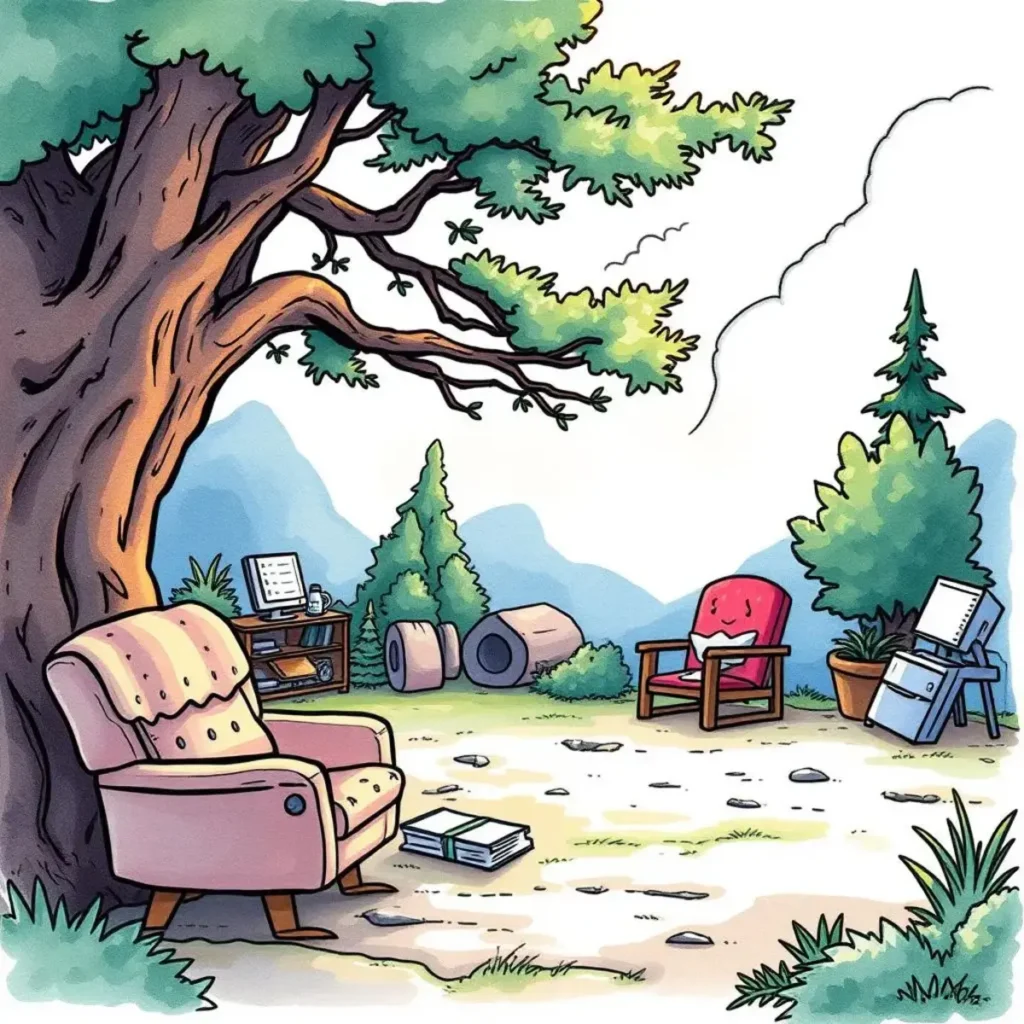 Feedback request generator: Create tailored follow-up feedback requests 1 Cozy outdoor workspace scene featuring chairs and a computer setup for feedback generation