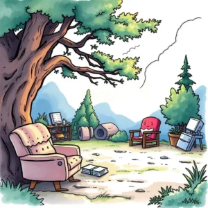 Cozy outdoor workspace scene featuring chairs and a computer setup for feedback generation