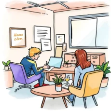 A person drafting feedback responses on a laptop in a modern office setting with a colleague.