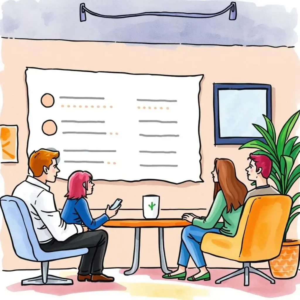 Team discussing employee feedback analysis in a modern office setting.