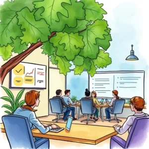 A team collaborates in a modern meeting room, focusing on feedback strategies and insights.
