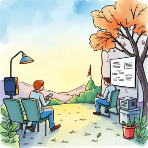 Users engaged in a relaxed outdoor environment, utilizing a feedback synthesizer tool.