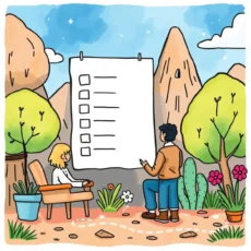 Two people discussing customizable feedback forms in a scenic landscape.