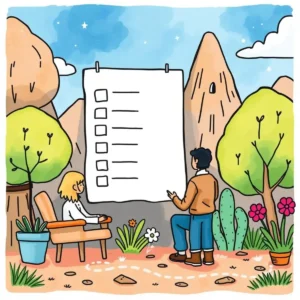 Two people discussing customizable feedback forms in a scenic landscape.