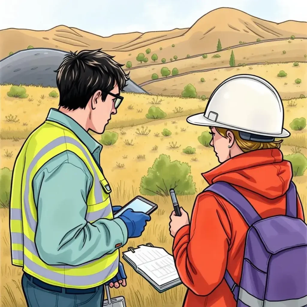 Confidence level simulator: Simulate confidence levels for audit decisions 1 Two professionals discussing fieldwork in a rural landscape with tools.