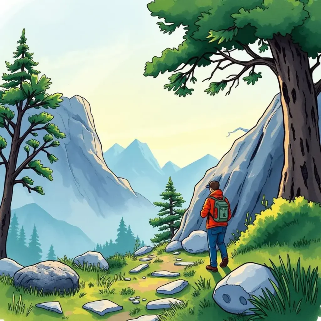 Fieldwork data analysis notetaker: Analyze and summarize fieldwork data instantly 1 A person exploring a mountainous landscape with trees, suggesting outdoor data analysis.