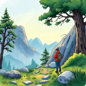 A person exploring a mountainous landscape with trees, suggesting outdoor data analysis.