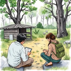 A couple of people analyzing information outdoors near a wooden shed in a natural setting.