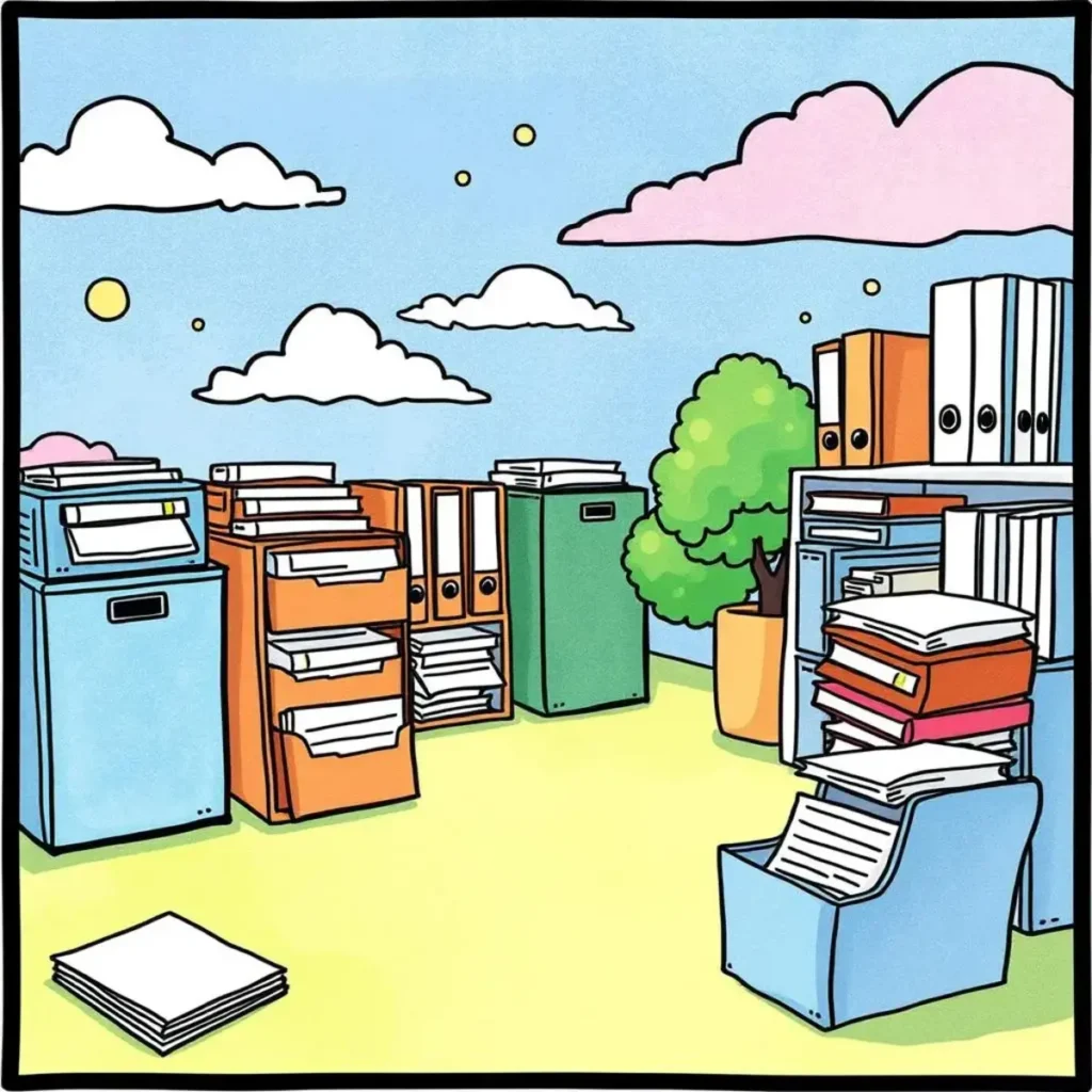Content categorization ai: Classify documents based on content type 1 Colorful illustration of organized filing cabinets and documents outdoors.