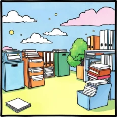 Colorful illustration of organized filing cabinets and documents outdoors.