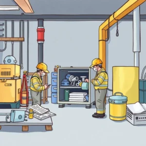 Two equipment inspectors evaluate tools and supplies in a well-organized facility workspace.