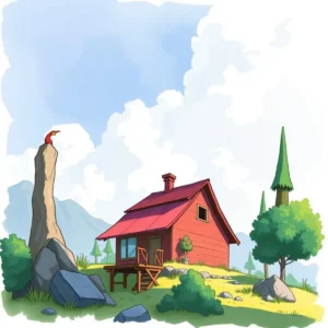 A scenic illustration of a red house in a serene landscape.