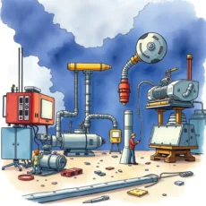Engineers collaborating on machinery integration in a dynamic workspace.