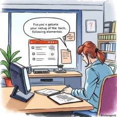 Employee reviewing feedback documents at a desk with a computer.