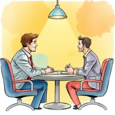Contract negotiation meeting between professionals discussing key points to finalize.