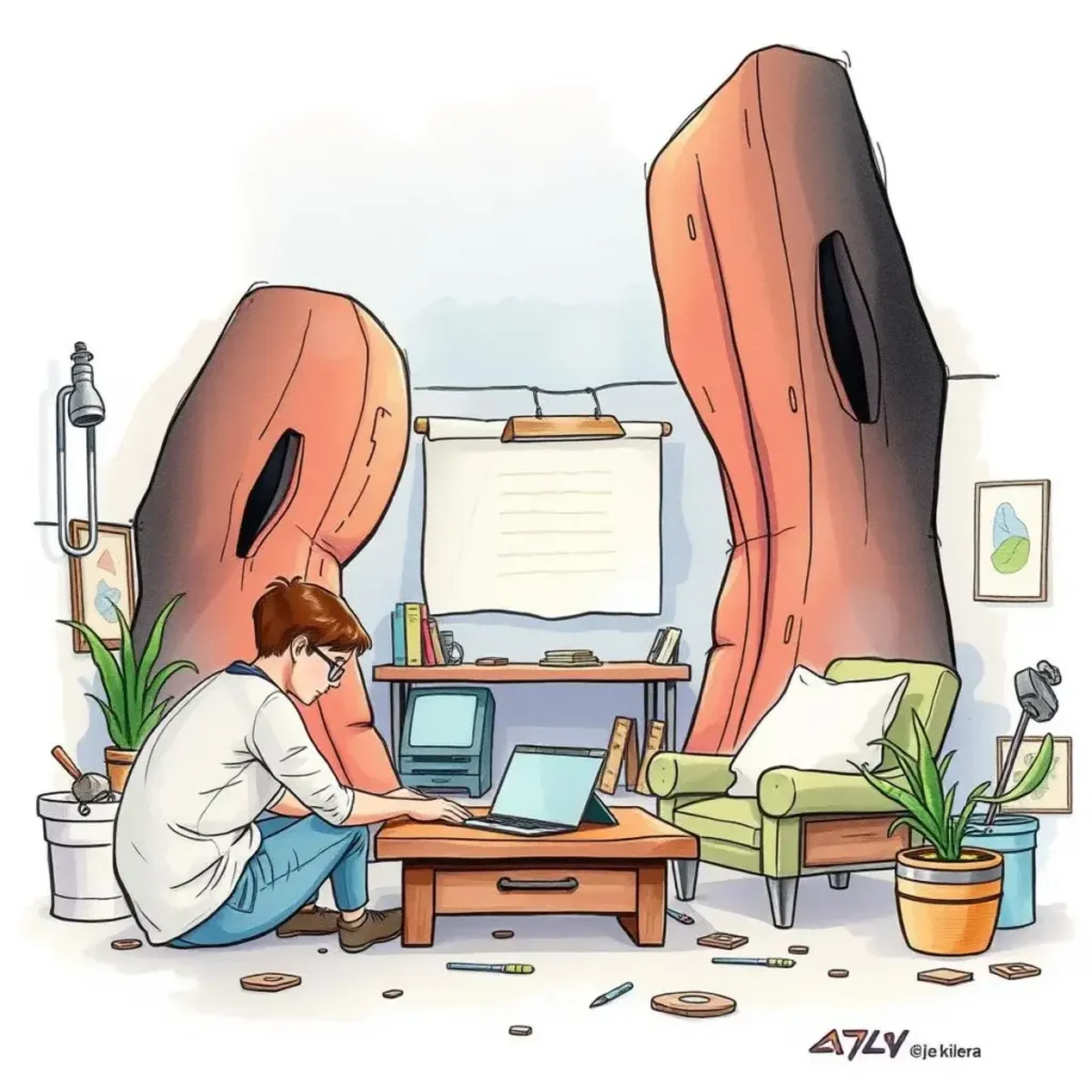 Defect analysis assistant: Identify potential defects in prototypes 1 Person analyzing prototypes in a cozy r&d workspace with natural elements.