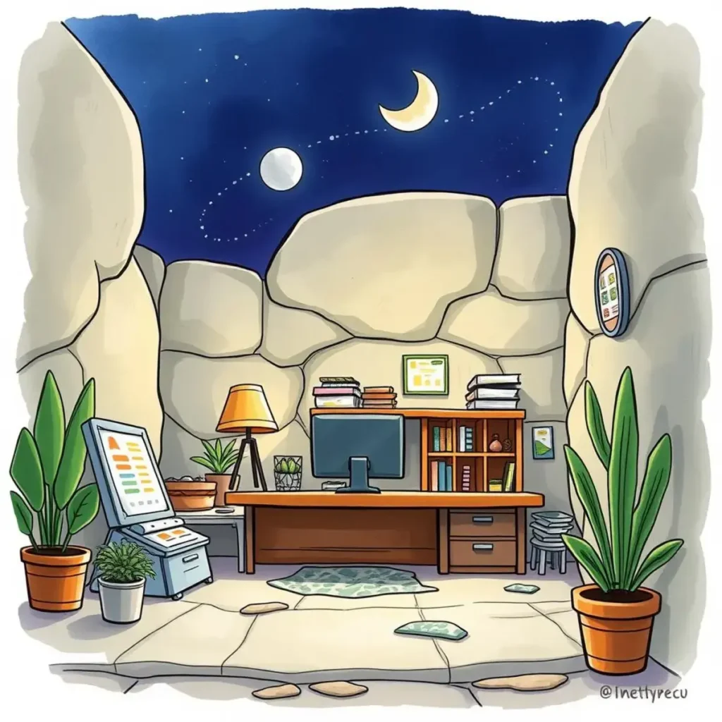 Final qa report generator: Produce comprehensive reports for QA outcomes 1 Cozy office with desk, plants, and moonlit sky.