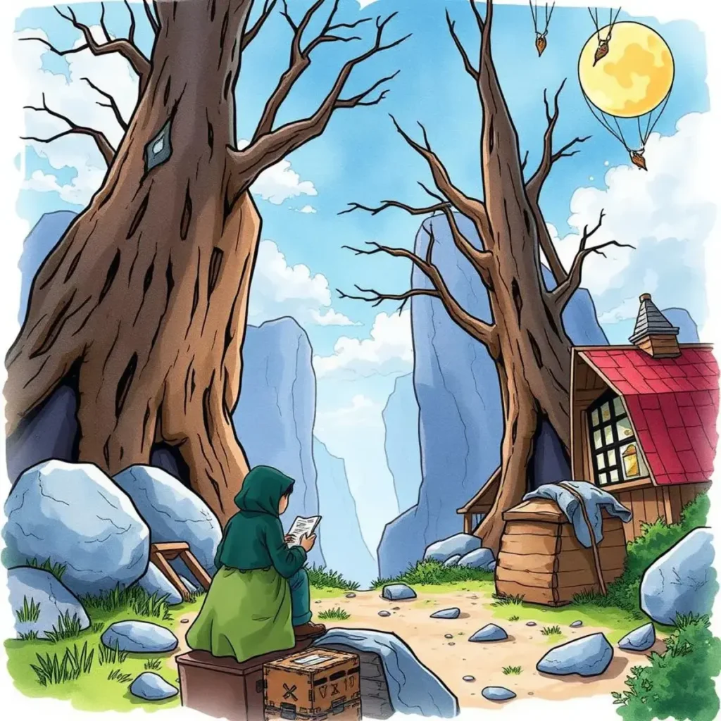 Qa documentation assistant: Compile documentation for quality assurance plans 1 A person in a green cloak studying documentation outdoors near a cabin and large trees under a bright sky.