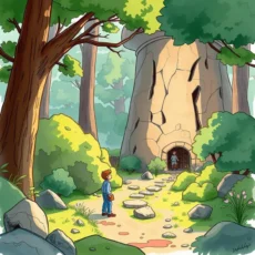A child approaches a whimsical tower in a forest.