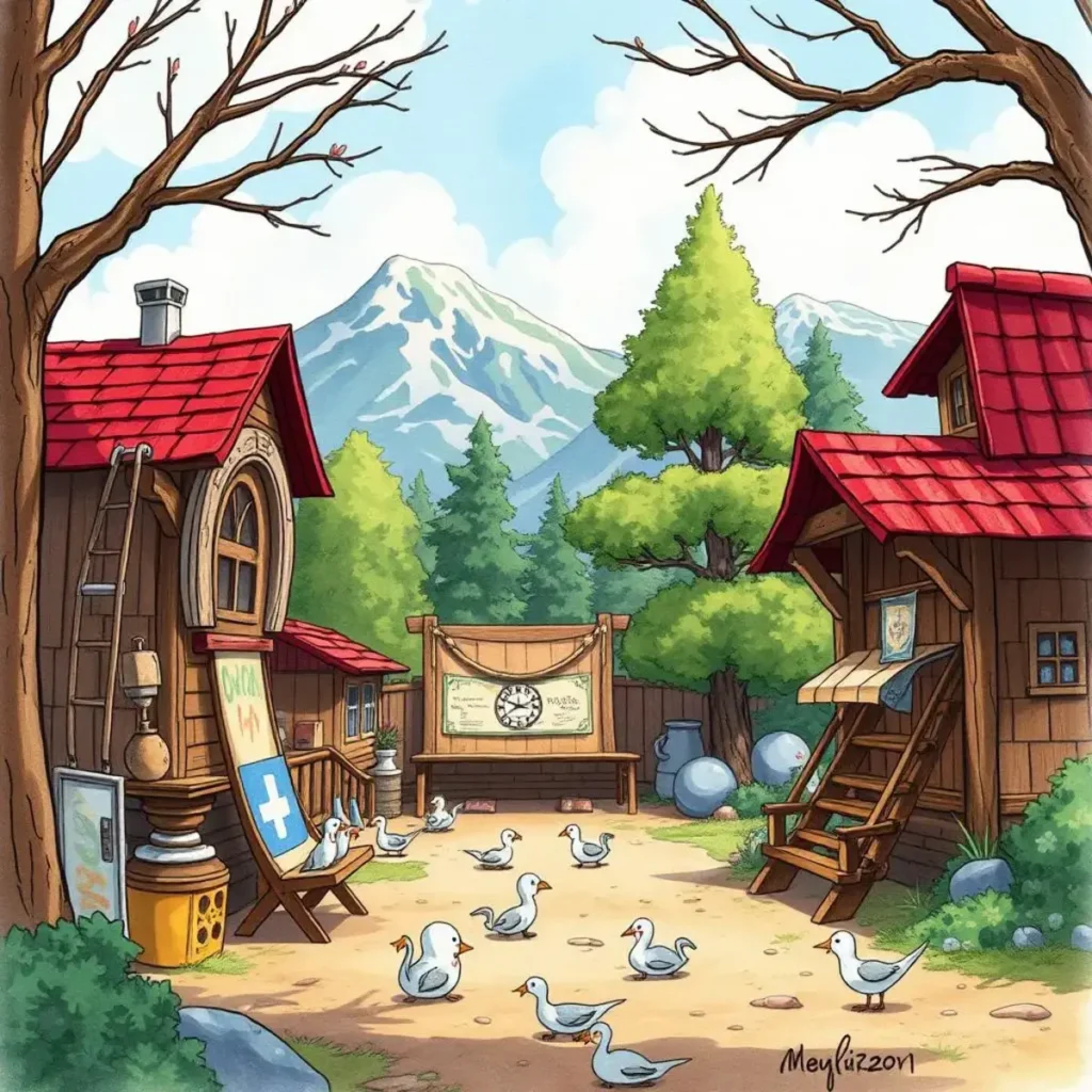 Testing protocol creator: Generate testing guidelines for production 1 A serene outdoor scene depicting cozy wooden structures, mountains, and birds in a tranquil setting.