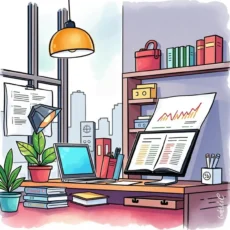 A modern office desk featuring a laptop, documents, and financial charts, ideal for financial modeling tasks.